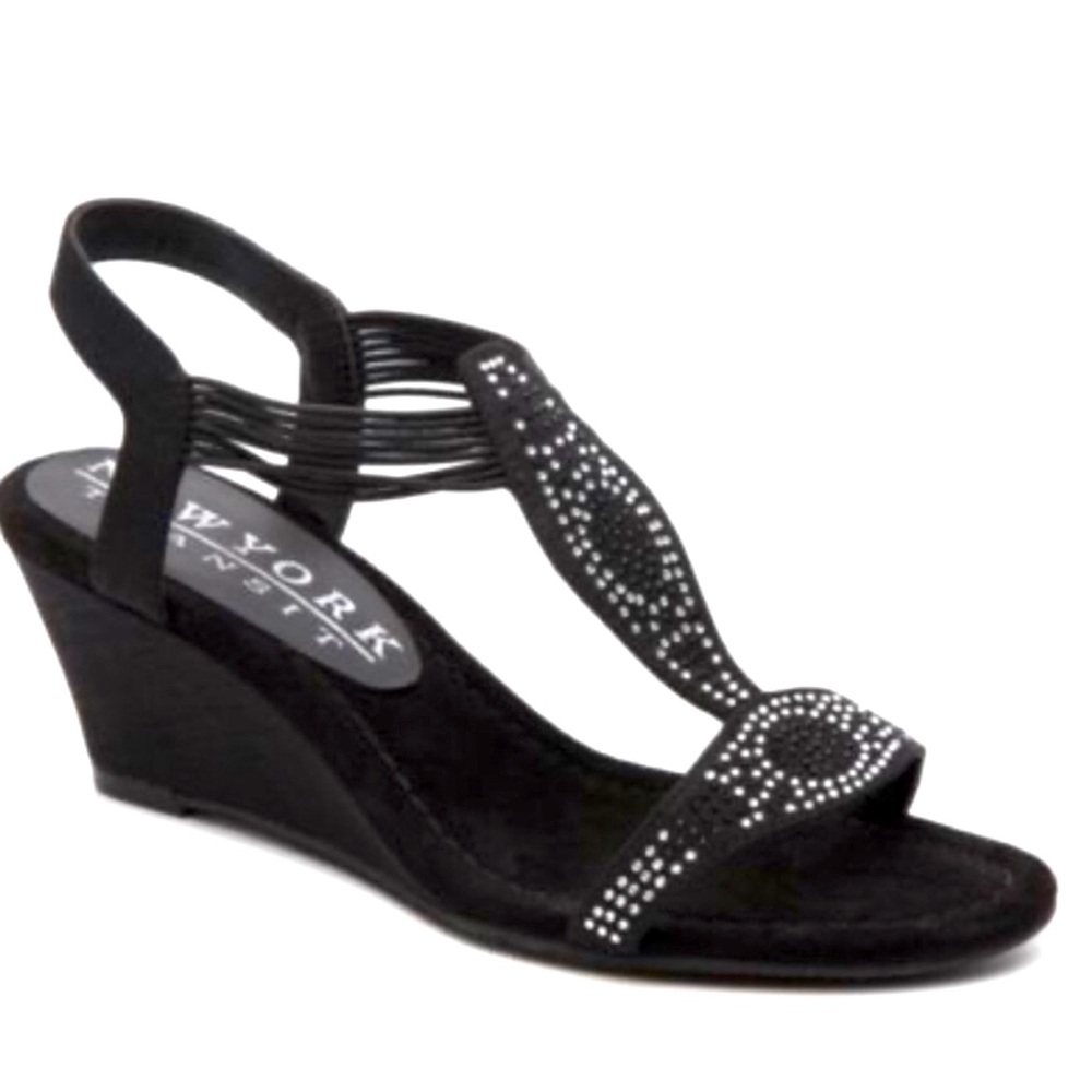 New York Transit "Got It All" Wedge Sandals in Black Size 8 bling Rhinstones EUC